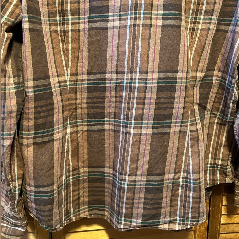 Lauren Ralph Lauren Brown, Tan, Green, Red and White Plaid Ruffled Shirt - Picture 15 of 16